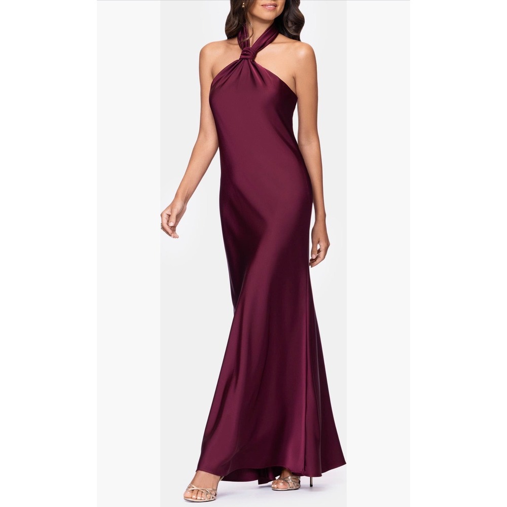 New! Betsy & Adam Esmerelda Satin Halter Neck Gown Wine Size 8 - Picture 3 of 8